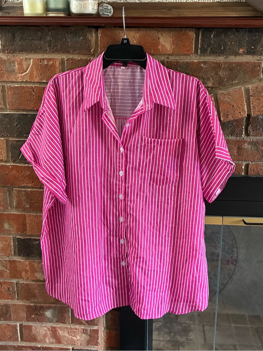 Women’s Pink Striped Short-Sleeve Button-Up pajama top